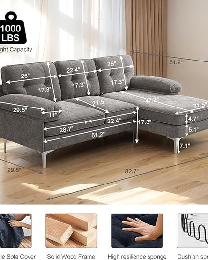 EASELAND 82" L-Shape Sofa with Reversible Chaise Lounge, Convertible Sectional Sofa Couch, Chenille Modern Sofa Couch for Living Room, Apartment and Office, Removable Cover (Grey) - LeafyLoom