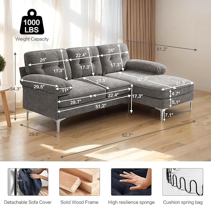 EASELAND 82" L-Shape Sofa with Reversible Chaise Lounge, Convertible Sectional Sofa Couch, Chenille Modern Sofa Couch for Living Room, Apartment and Office, Removable Cover (Grey) - LeafyLoom