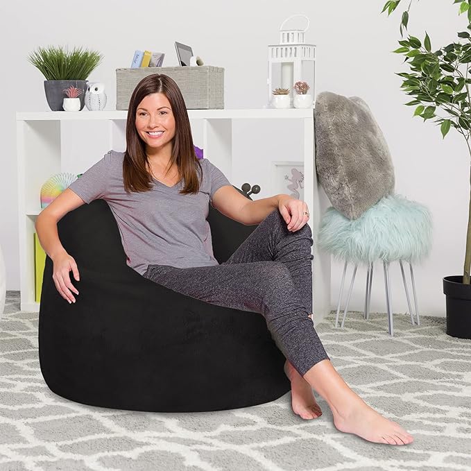Posh Creations Bean Bag Chair for Kids, Teens, and Adults Includes Removable and Machine Washable Cover, Soft Faux Rabbit Fur - Black, 48in - X-Large - LeafyLoom