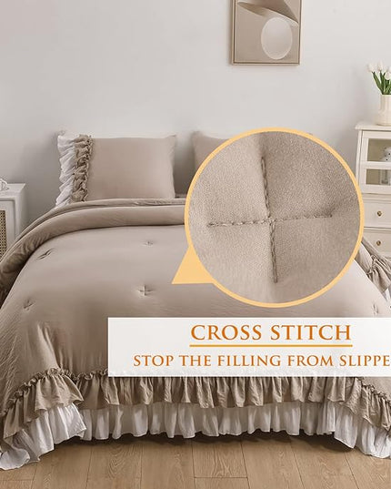 Taupe Ruffled Comforter King Size,Farmhouse Rustic Bedding Shabby Boho Chic Taupe Bedding Vintage Aesthetic Lightweight Fluffy Comforter Set 3 Pieces - LeafyLoom