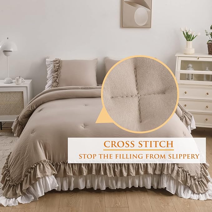 Taupe Ruffled Comforter King Size,Farmhouse Rustic Bedding Shabby Boho Chic Taupe Bedding Vintage Aesthetic Lightweight Fluffy Comforter Set 3 Pieces - LeafyLoom