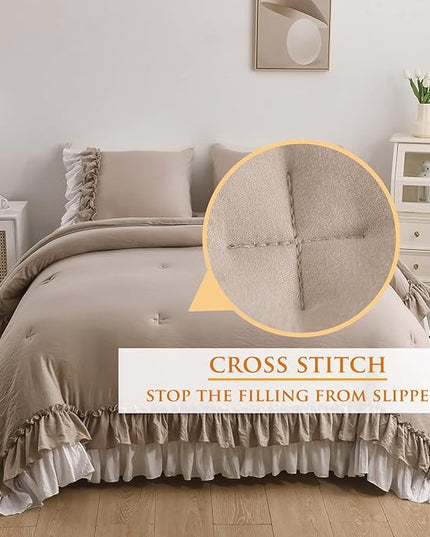Ruffled Taupe Comforter Set Queen,Farmhouse Shabby Bedding Comforter Sets Vintage French Country Taupe Bedding 3PCS（1 Shabby Comforter and 2 Ruffle Pillowcases） - LeafyLoom