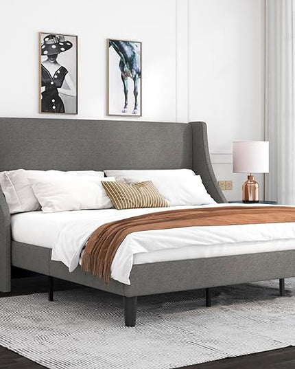 Allewie King Size Bed Frame, Platform Bed Frame with Upholstered Headboard, Modern Deluxe Wingback, Wood Slat Support, Mattress Foundation, Light Grey - LeafyLoom