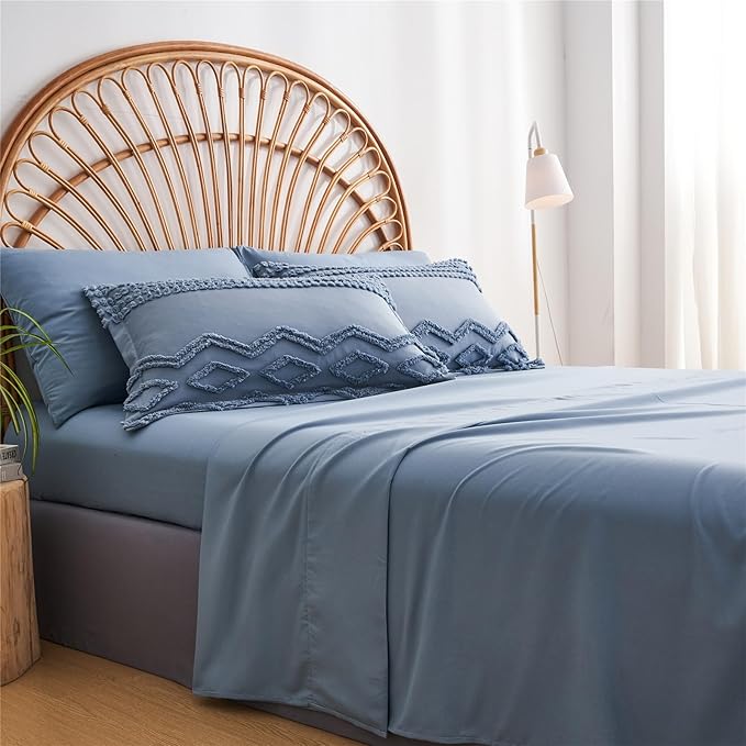 KAKIJUMN Blue Tufted 7-Piece Queen Comforter Set, Shabby Chic Boho Comforter and Sheet Set, All Season Soft Microfiber Complete Bedding Set - LeafyLoom