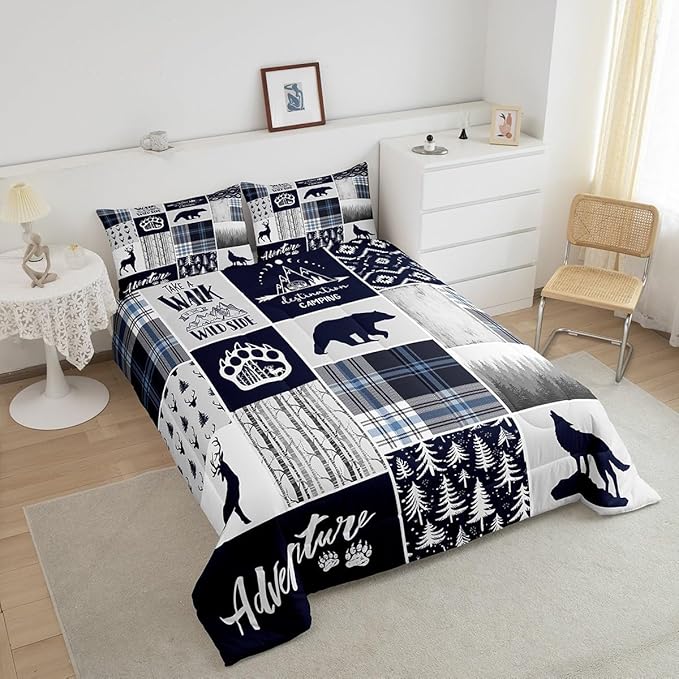Deer Bear Kids Comforter Set Queen Size,Wolf Hunting Adventure Rustic Bedding Set for Boys Girls Adults Room Decor,Geometric Plaids Patchwork Down Comforter,Blue Xmas Duvet Insert,2 Pillowcases - LeafyLoom