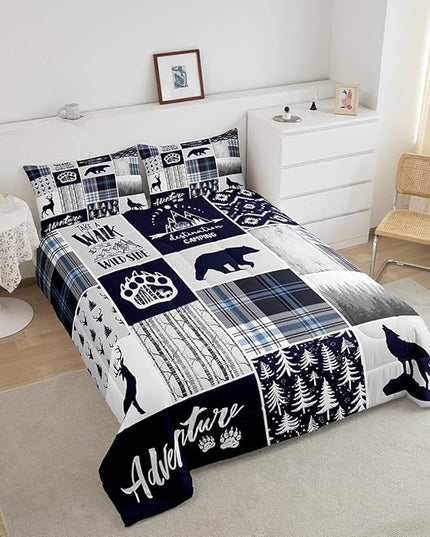 Manfei Deer Bear Kids Comforter Set Twin Size,Wolf Hunting Adventure Rustic Bedding Set for Boys Girls Adults Room Decor,Geometric Plaids Patchwork Down Comforter,Blue Xmas Duvet Insert,1 Pillowcase - LeafyLoom