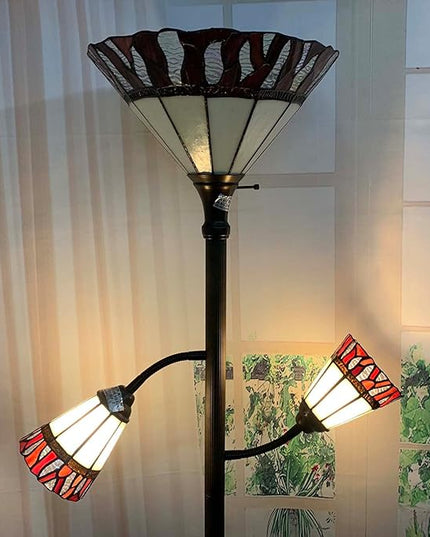Bieye L10838 Fire Flame Tiffany Style Stained Glass Torchiere Floor Lamp with Sidelights for Reading, 70-inches Tall (Flame, Red) - LeafyLoom