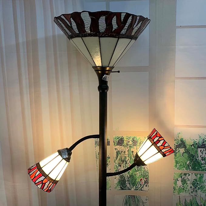 Bieye L10838 Fire Flame Tiffany Style Stained Glass Torchiere Floor Lamp with Sidelights for Reading, 70-inches Tall (Flame, Red) - LeafyLoom