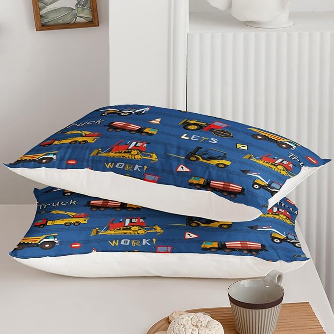 Axolotl Tractor Truck Bedding Set Queen,Excavator Comforter Set,Vehicles Truck Comforter,Boys Bedding Machinery Truck Comforter Construction Site Decor for Kids Boys Teens,1 Quilt 2 Pillowcases,Blue - LeafyLoom