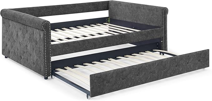 Upholstered Full Size Daybed with Twin Trundle, Solid Wooden Bed Frame w/Button Tufted and Copper Nail on Square Arms, No Spring Box Need - LeafyLoom