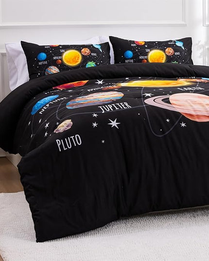 Aimuan Space Comforter Twin Set Kids Rocket Bedding Set Super Soft & Cute Aliens UFO Printed for Boys Girls Teen (Black 1, Full) - LeafyLoom