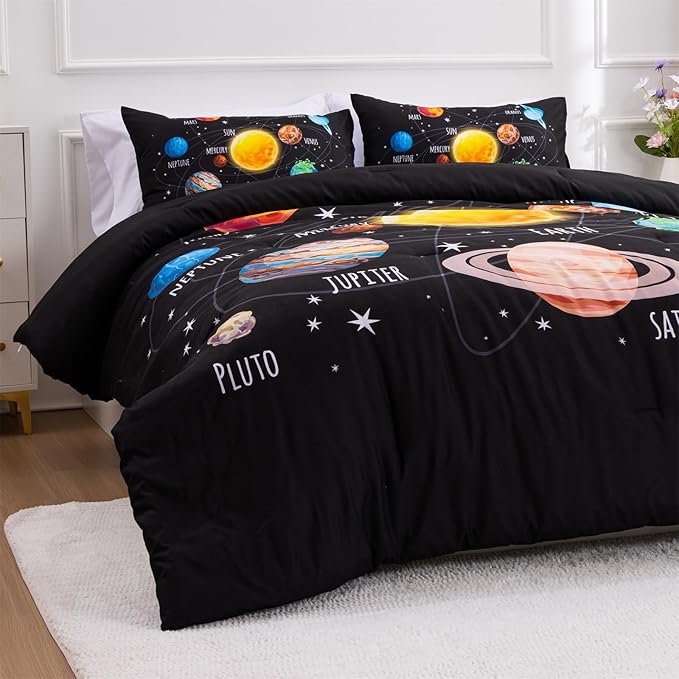 Aimuan Space Comforter Twin Set Kids Rocket Bedding Set Super Soft & Cute Aliens UFO Printed for Boys Girls Teen (Black 1, Twin) - LeafyLoom
