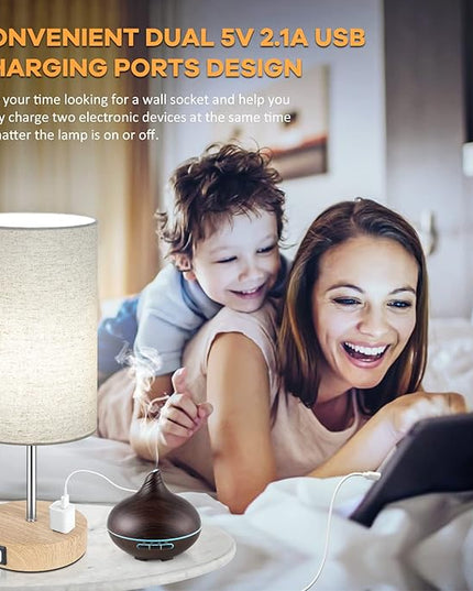Bedside Table Lamps with 2 USB Charging Ports & AC Outlet, Set of 2 Touch Control Wooden Base Nightstand 3-Way Dimmable Lamps with Beige Fabric Shade for Bedroom, Living Room, A19 E26 Bulbs included - LeafyLoom