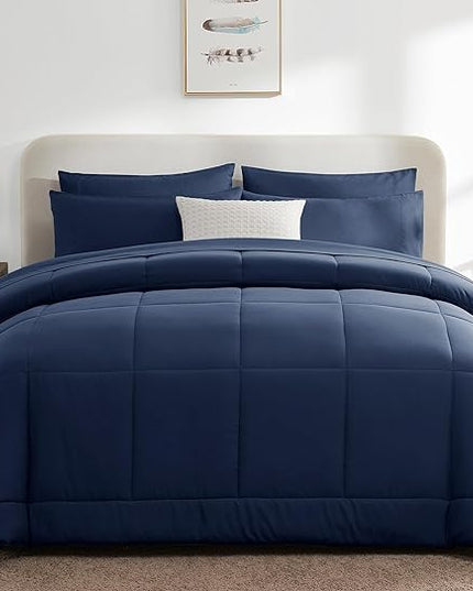 CozyLux Full Size Comforter Sets - 7 Pieces Bed in a Bag Set Navy Blue, Bedding Sets Full with All Season Quilted Comforter, Flat Sheet, Fitted Sheet, Pillowcases, Navy Blue, Full - LeafyLoom