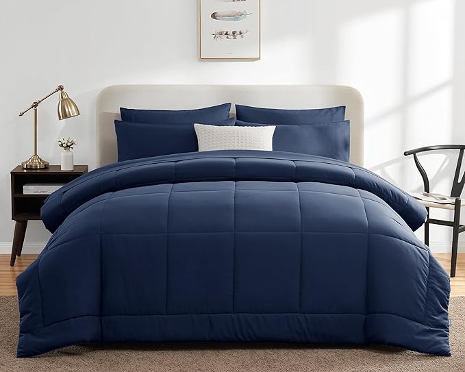 CozyLux King Size Comforter Set - 7 Pieces Bed in a Bag Set Navy Blue, King Bedding Set with All Season Quilted Comforter, Flat Sheet, Fitted Sheet, Pillowcases - LeafyLoom