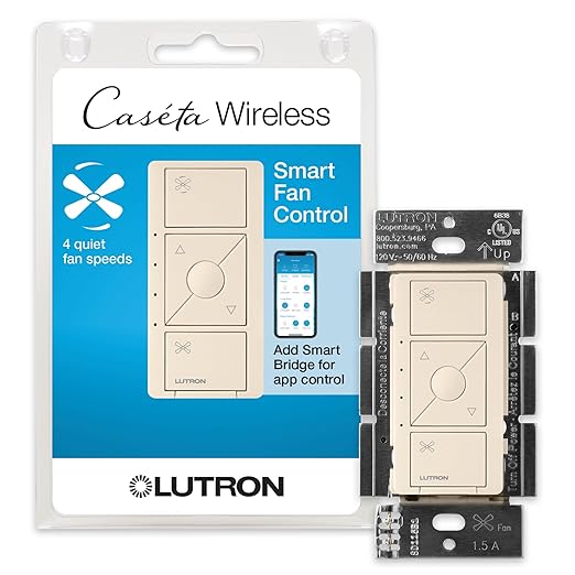 Lutron Caseta Smart Fan Speed Control Switch (Lutron Smart Hub Required), Single-Pole, PD-FSQN-LA, Light Almond Lutron