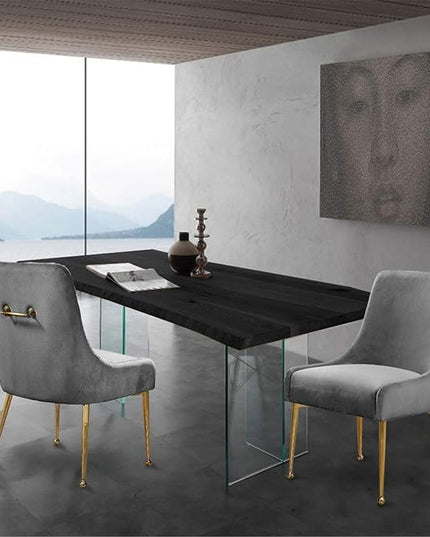 Meridian Furniture Owen Collection Modern | Contemporary Velvet Upholstered Dining Chair with Polished Gold Metal Legs, Set of 2, 24" W x 21" D x 34.5" H, Grey - LeafyLoom