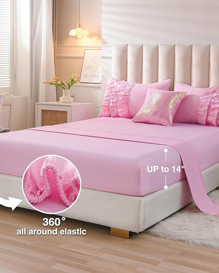A Nice Night Waterfall Flutter Ruffle Comforter Set,Ruffled Textured Soft Chic Princess 6pcs Bedding Set,with Bling Shiny Sequin Throw Pillow Case,DarkPink,Twin - LeafyLoom