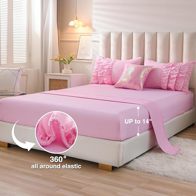 A Nice Night Waterfall Flutter Ruffle Comforter Set,Ruffled Textured Soft Chic Princess 6pcs Bedding Set,with Bling Shiny Sequin Throw Pillow Case,DarkPink,Twin - LeafyLoom