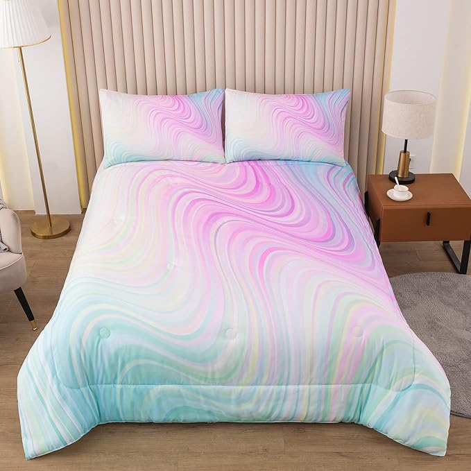 Bodhi Girls Comforter Full Size Colorful Tie Dye Comforter Teen Girl Pink Bedding Set Watercolor Pastel Pink Comforter Set Blue Purple Bedding Set Bright Girly Tie Dye Bedding - LeafyLoom
