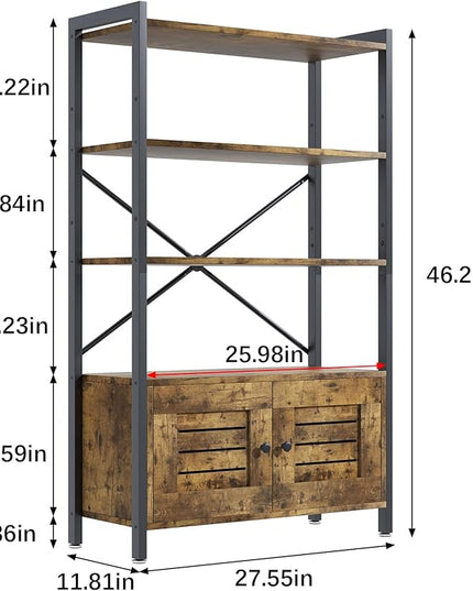 Storage Cabinet with 3 Open Shelves, 1 Cupboard Large Kitchen Industrial Display Standing Shelf, Rustic Brown Wooden and Metal FrameShelf for Living Room, Bedroom, Home Office Organizer - LeafyLoom