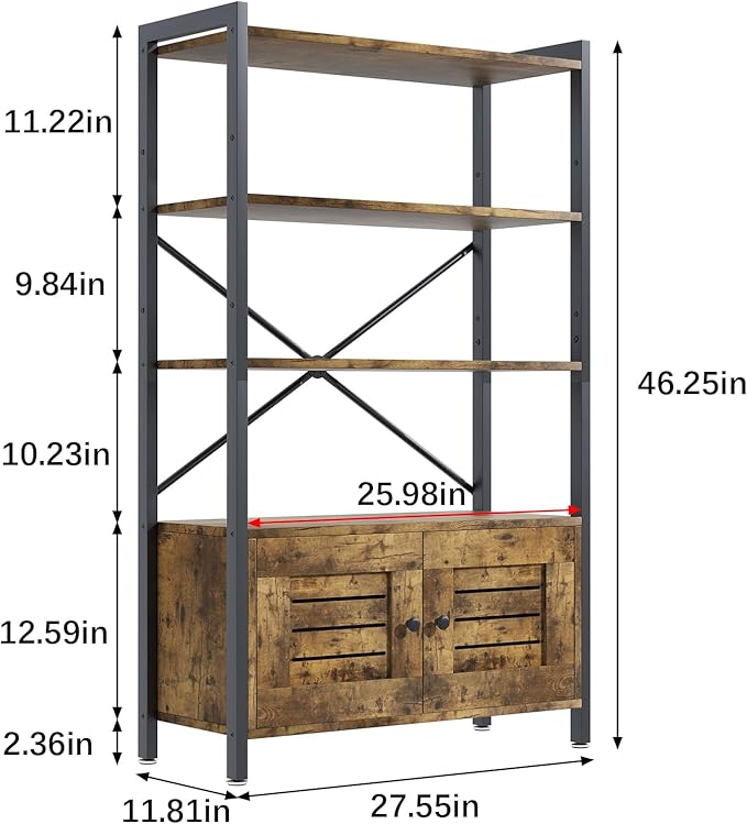 Storage Cabinet with 3 Open Shelves, 1 Cupboard Large Kitchen Industrial Display Standing Shelf, Rustic Brown Wooden and Metal FrameShelf for Living Room, Bedroom, Home Office Organizer - LeafyLoom