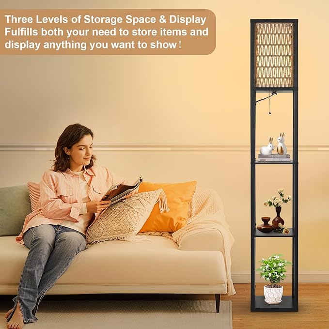 Floor Lamp with Shelves, Corner Floor Lamps for Living Room, Boho Floor Lamp with LED Bulb & Double Shades, Rattan Standing Lamp for Bedroom Office, Shelf Tall Lamp for Storage Display, Home Decor - LeafyLoom
