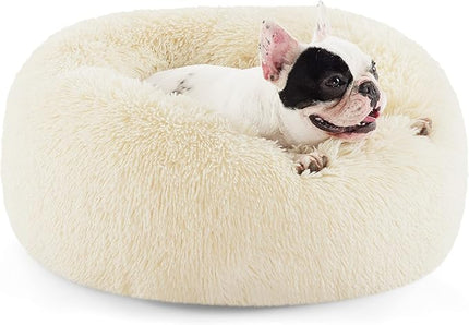 Bedsure Calming Dog Bed for Small Dogs - Donut Washable Small Pet Bed, Round Anti-Slip Fluffy Plush Faux Fur Large Cat Bed, Fits up to 25 lbs Pets, Oat Milk, 23 inches BEDSURE