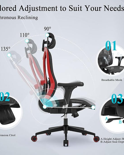 Ergonomic Mesh Office Chair - High Back Desk Chair with 3D Lumbar Support, Seat Depth Adjustable Office Chair with Headrest, 3D Armrest, Ergonomic Gaming Chair for Home Office,Tilt Function - LeafyLoom
