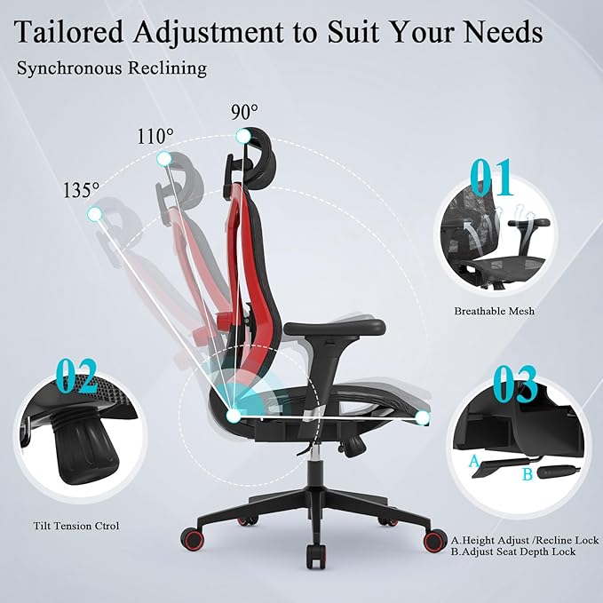 Ergonomic Mesh Office Chair - High Back Desk Chair with 3D Lumbar Support, Seat Depth Adjustable Office Chair with Headrest, 3D Armrest, Ergonomic Gaming Chair for Home Office,Tilt Function - LeafyLoom