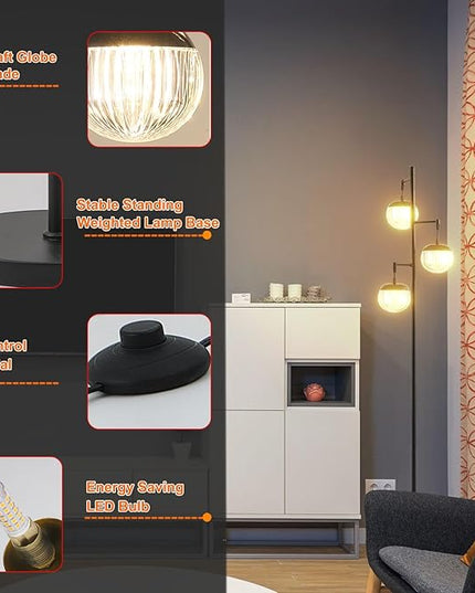 Modern 3 Globe Black Floor Lamps with Acrylic Crystal Sphere Shade and 3000K LED Bulbs Included, Mid Century Standing Lamp, Farmhouse Vintage Tall Lamp for Living Room Bedroom Office - LeafyLoom