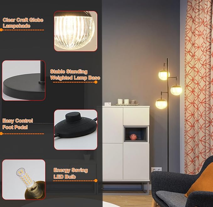 Modern 3 Globe Black Floor Lamps with Acrylic Crystal Sphere Shade and 3000K LED Bulbs Included, Mid Century Standing Lamp, Farmhouse Vintage Tall Lamp for Living Room Bedroom Office - LeafyLoom