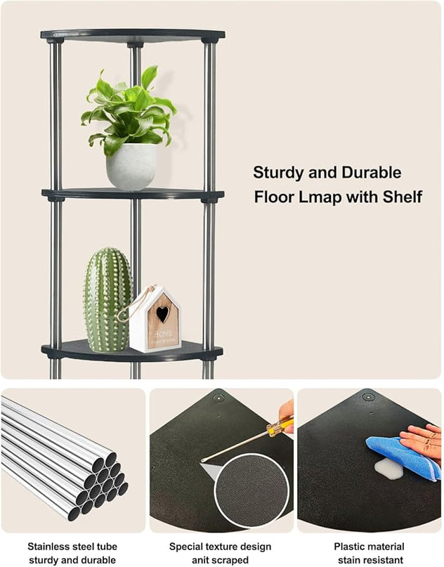 Floor Lamp, Corner Standing Lamp with Shelves, Dimmable Light, Music Sync, Timing, Wireless Charger, and USB Port (Black, 5 Tiers) - LeafyLoom