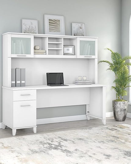 Bush Furniture Somerset 72W Office Desk with Drawers and Hutch in White - LeafyLoom