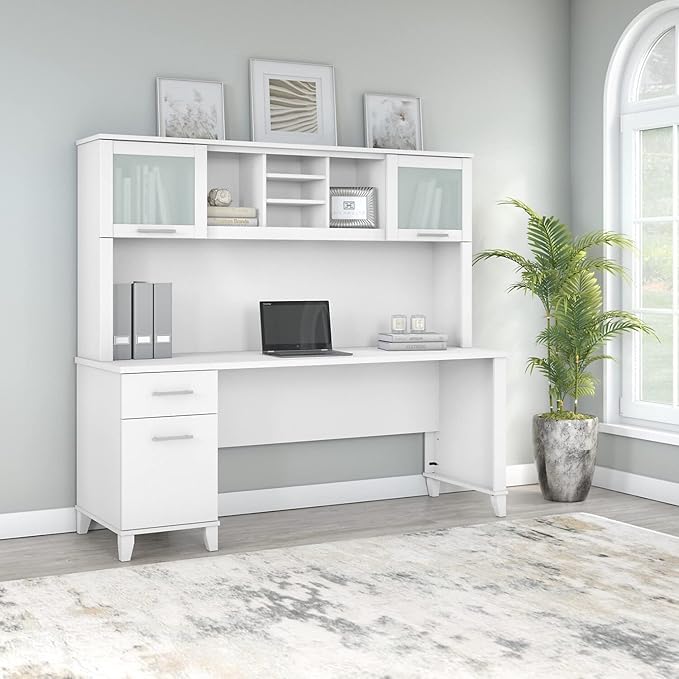 Bush Furniture Somerset 72W Office Desk with Drawers and Hutch in White - LeafyLoom