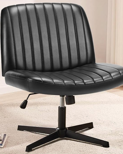 Sweetcrispy Cross Legged Office Chair, Criss Cross Chair Armless Wide Desk Chair No Wheels, Adjustable Swivel Home Office Vanity Chair - LeafyLoom
