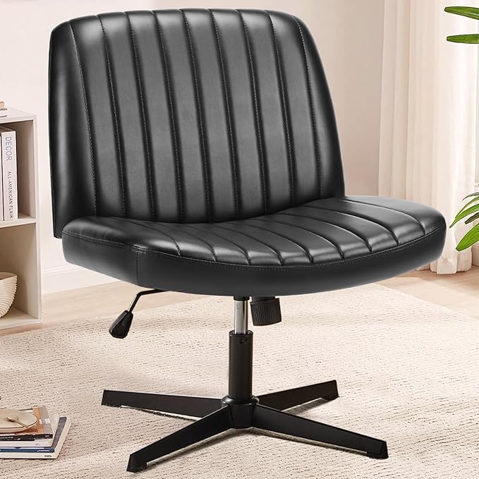 Sweetcrispy Cross Legged Office Chair, Criss Cross Chair Armless Wide Desk Chair No Wheels, Adjustable Swivel Home Office Vanity Chair - LeafyLoom