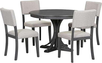 RITSU, Farmhouse Wood, 5-Piece Retro Round Set with Curved Trestle Style Table Legs and 4 Upholstered Chairs for Dining Room Restaurant, Dark Gray - LeafyLoom