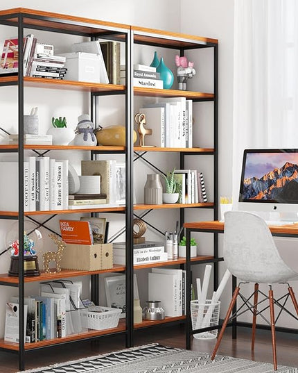 Himimi 6-Tier Bookshelf,Tall Bookcase Industrial Wood Storage Rack with Open Book Shelves,Modern Metal Standing Organizer,Vintage Deep Display Rack for Living Room, Office, Bedroom, Rustic Brown - LeafyLoom