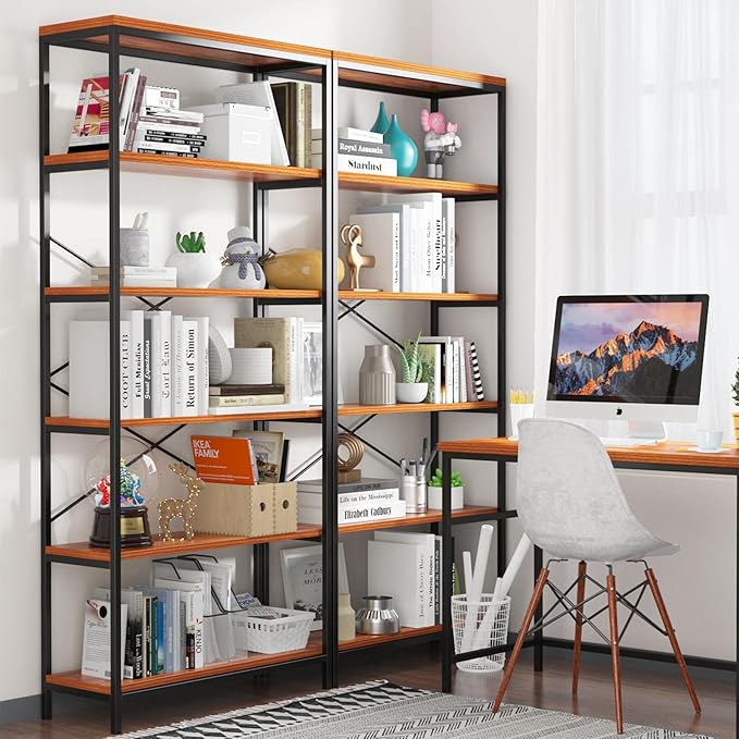 Himimi 6-Tier Bookshelf,Tall Bookcase Industrial Wood Storage Rack with Open Book Shelves,Modern Metal Standing Organizer,Vintage Deep Display Rack for Living Room, Office, Bedroom, Rustic Brown - LeafyLoom
