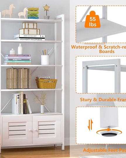Storage Cabinet with 4 Open Shelves,1 Cupboard,White Bathroom Display Standing Shelf, White Wooden and Metal Frame Shelf for Living Room, Bathroom Bedroom, Home Office Organizer - LeafyLoom