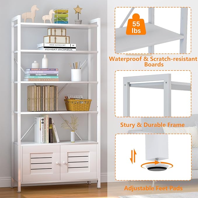 Storage Cabinet with 4 Open Shelves,1 Cupboard,White Bathroom Display Standing Shelf, White Wooden and Metal Frame Shelf for Living Room, Bathroom Bedroom, Home Office Organizer - LeafyLoom