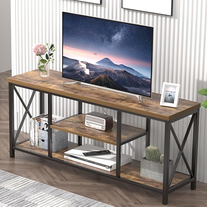 55 Inch TV Stand for Televisions up to 65 Inch, Modern Entertainment Center with Storage Shelves, Industrial Media TV Console for Living Room, Bedroom, Rustic Brown - LeafyLoom