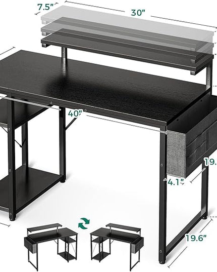 KKL 40 inch Small Computer Desk with Adjustable Monitor Stand, Home Office Desk & Workstation with Storage Shelves, Reversible Work Writing Study Table for Bedroom, Black - LeafyLoom