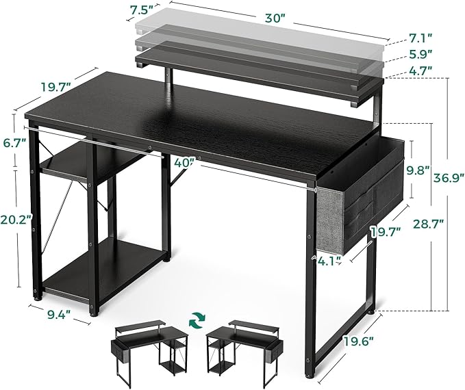 KKL 40 inch Small Computer Desk with Adjustable Monitor Stand, Home Office Desk & Workstation with Storage Shelves, Reversible Work Writing Study Table for Bedroom, Black - LeafyLoom