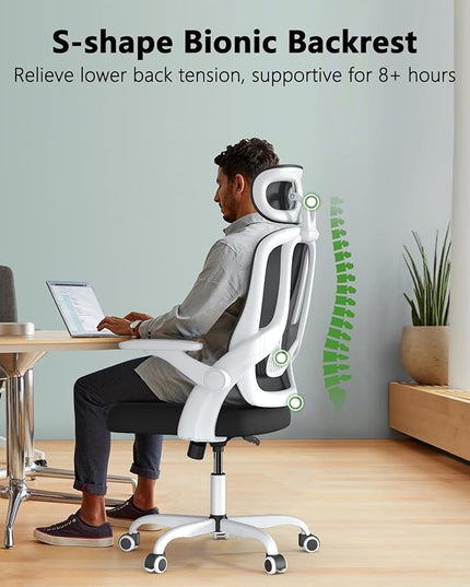 Home Office Desk Chairs, High Back Ergonomic Computer Chair with Flip-up Armrests, Lumbar Support, Mesh Executive Task Chair with Adjustable Headrest, White - LeafyLoom