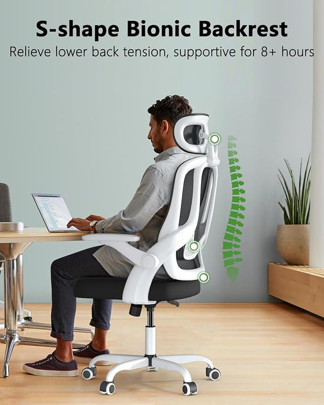Home Office Desk Chairs, High Back Ergonomic Computer Chair with Flip-up Armrests, Lumbar Support, Mesh Executive Task Chair with Adjustable Headrest, White - LeafyLoom