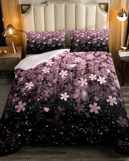 Erosebridal Cherry Blossom Comforter Set King Size, Pink Flower Down Comforter, Petal Floral Quilted Duvet, Starry Sky Glitter Girly Warm Duvet Insert, Bedroom Living Dorm Room Decorative - LeafyLoom