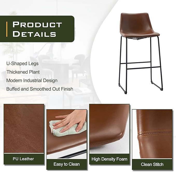 NicBex Retro Bar Stools Crazy-Horse Leather with Metal Legs Barstools, Lounge Kitchen Island Bar Stools, Set of 2, (Walnut Color) (A-GE17021-USSU014) - LeafyLoom