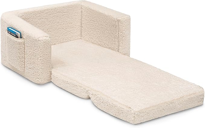 Delta Children Cozee Flip-Out Sherpa 2-in-1 Convertible Chair to Lounger for Kids, Cream - LeafyLoom